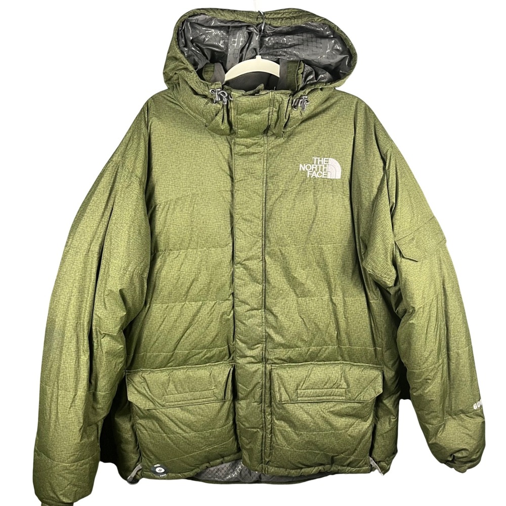 The North Face Down Parka Mens L Green 600 Fill Hooded Puffer Jacket Crosshatch